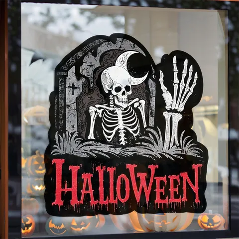Halloween Decoration Static Cling Window Sticker Horror Skeleton Head Tombstone Glass Decal For Festival Shop Window Home Party Decor
