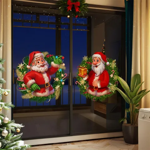 Pegatinas Estáticas Para Ventana De Papá Noel Con Corona De Navidad SDUV-591 Pegatinas De Vidrio 3D Para Decoración