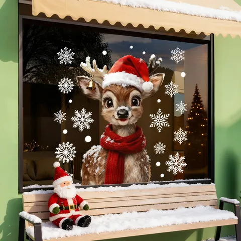 Christmas Reindeer Golden Bell Static Window Cling PVC Snowflake Sticker For Shop Window Mall Holiday Atmosphere Decor Reusable Decal
