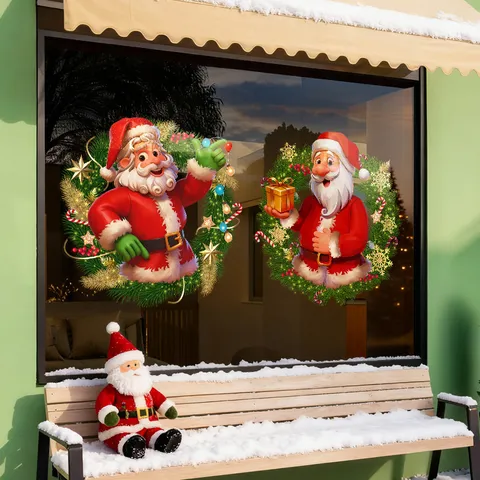 Pegatinas Estáticas Para Ventana De Papá Noel Con Corona De Navidad SDUV-591 Pegatinas De Vidrio 3D Para Decoración