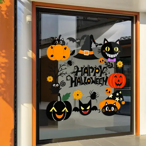 Halloween Cartoon Static Window Stickers Pumpkin Witch Hat Black Cat Ghost PVC Static Cling Decals For Glass Decoration
