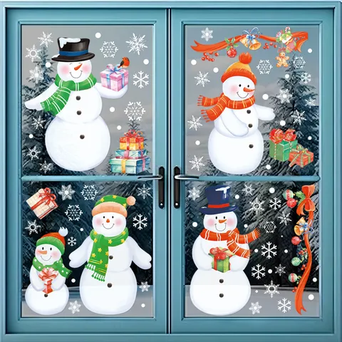 Autocollants de Fenêtre Bonhomme de Neige de Noël Adhésif Statique Flocons de Neige Couleur Double Face Décoration de Porte en Verre Fête