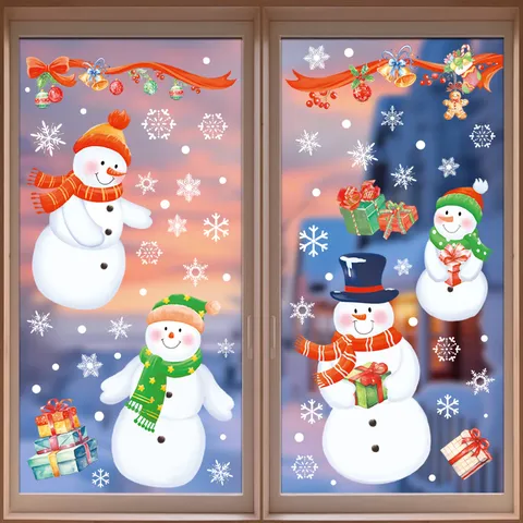 Autocollants de Fenêtre Bonhomme de Neige de Noël Adhésif Statique Flocons de Neige Couleur Double Face Décoration de Porte en Verre Fête