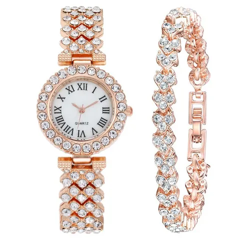 Damen Mode Luxus Quarz Uhr Armband Set Strass Eingelegt Legierung Armbanduhr Mit Römischen Ziffern Vintage Schmuck Uhr Set