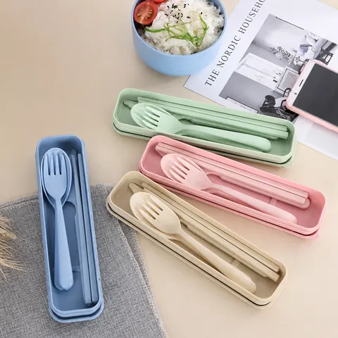 Portable Wheat Straw Tableware Set Chopsticks Fork Spoon With Storage Box Travel Picnic Reusable Cutlery Set