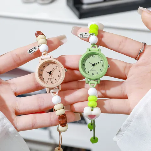 Fashion Women Quartz Watch Colorful Artificial Pearl Beaded String Woven Rope Strap Round Dial Bracelet Watch For Student Girls Daily Decoration Wristwatch Gift
