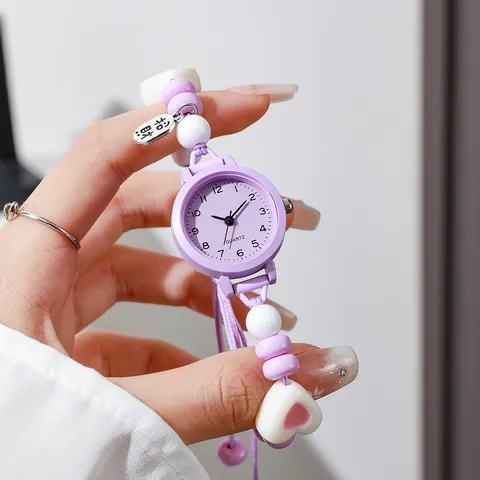 Fashion Women Quartz Watch Colorful Artificial Pearl Beaded String Woven Rope Strap Round Dial Bracelet Watch For Student Girls Daily Decoration Wristwatch Gift