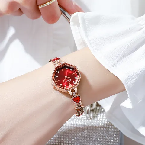 Mreurio Montre à Quartz Mode Femme Boîtier Octogonal Cadran Strass Bracelet Cœur Montre Élégante Bijoux en Or Rose Montre-Bracelet Pour Femme