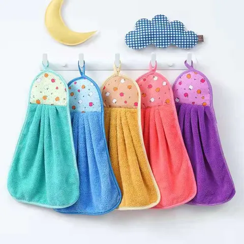Hanging Coral Fleece Hand Towel Absorbent Kitchen Bathroom Wipe Cloth Cute Apple Print Soft Microfiber Towel