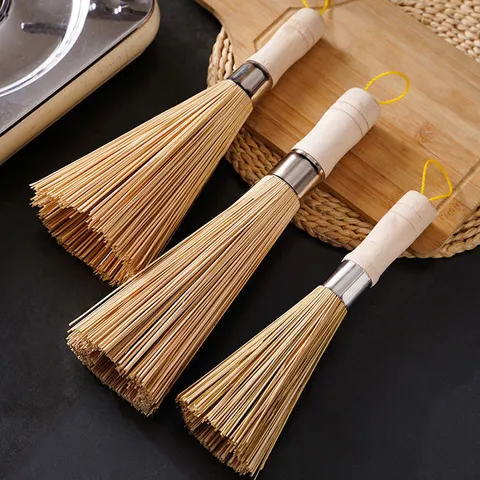 Long Handle Bamboo Pot Brush Kitchen Cleaning Tool Natural Wood Dish Scrub Brush For Cast Iron Pan And Stove