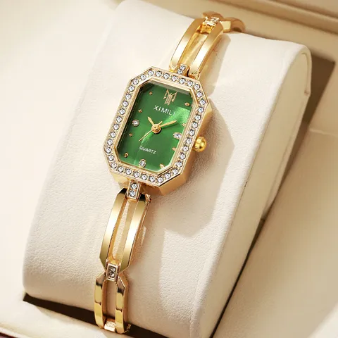 Mode Quadratische Quarz Armbanduhr Für Damen Strass Eingelegt Gold Legierung Kette Luxus Damen Armbanduhr Schmuck Zubehör