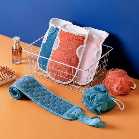 Exfoliating Bath Sponge Scrubber Set Honeycomb Texture Body Cleaning Bath Towel Gloves And Mesh Puff Shower Set For Adults
