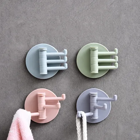 Punch-Free Rotary Wall Hook Multi-Function 3-Branch Plastic Towel Hanger Kitchen Bathroom Storage Organizer Sticky Hook
