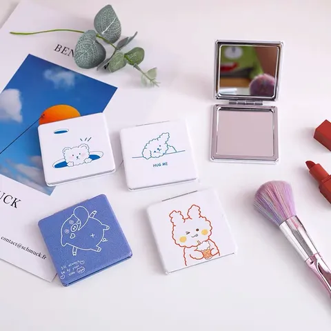 Portable Square Folding Makeup Mirror Cute Cartoon Print Double Sided Compact Pocket Mirror For Women Daily Travel