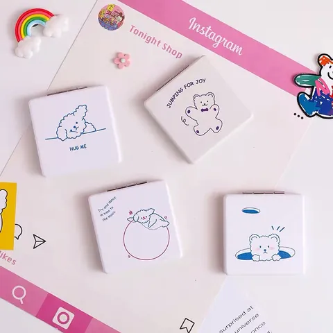 Portable Square Folding Makeup Mirror Cute Cartoon Print Double Sided Compact Pocket Mirror For Women Daily Travel