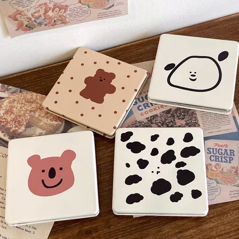Portable Folding Makeup Mirror Cute Cartoon Bear Cow Pattern Desktop Compact Pocket Cosmetic Mirror For Student Girls Daily Use