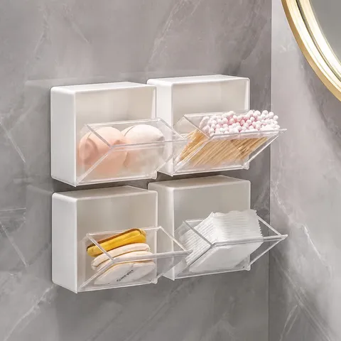 Wandmontierte Transparente Klappdeckel Aufbewahrungsbox Minimalistischer Plastik Make-up Wattestäbchen Organizer Für Badezimmer Wohnheim