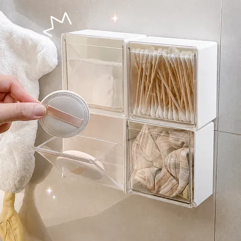 Wandmontierte Transparente Klappdeckel Aufbewahrungsbox Minimalistischer Plastik Make-up Wattestäbchen Organizer Für Badezimmer Wohnheim