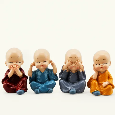 Creative Resin Four Little Monk Car Ornaments Cute Buddha Statues For Auto Dashboard Home Office Desk Decor