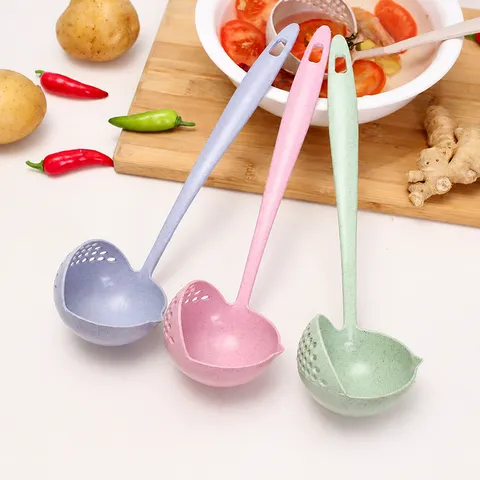 Wheat Straw Two In One Soup Spoon Colander Long Handle Eco Friendly Kitchen Gadget Multifunctional Drainage Spoon