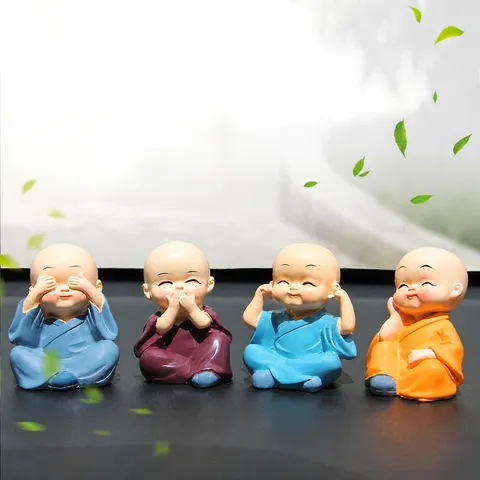 Creative Resin Four Little Monk Car Ornaments Cute Buddha Statues For Auto Dashboard Home Office Desk Decor