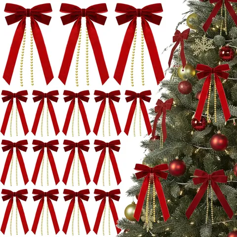 Christmas Velvet Bow Hanging Ornament With Gold Pearl Chain Festive Tree Decor Home Holiday Party Decoration