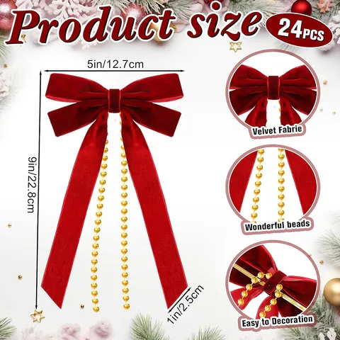 Christmas Velvet Bow Hanging Ornament With Gold Pearl Chain Festive Tree Decor Home Holiday Party Decoration