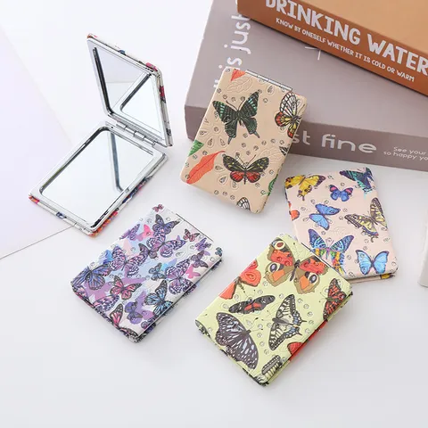 Retro Portable Folding Makeup Mirror Cute Butterfly Rhinestone Rectangular Double Sided Pocket Compact Mirror For Women