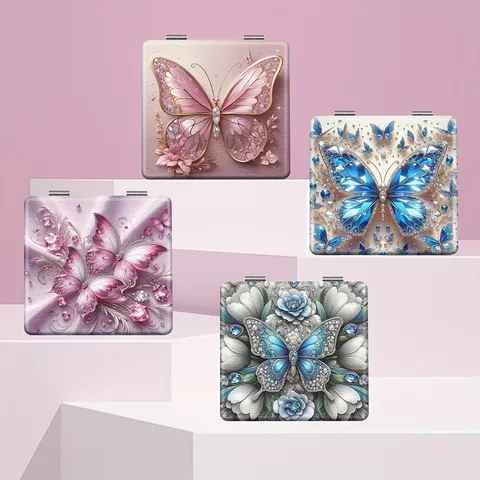 Tragbarer Klappbarer Schminkspiegel Doppelseitiger Taschenspiegel Schmetterling Strass ABS Glas Damen Reise Kosmetikspiegel