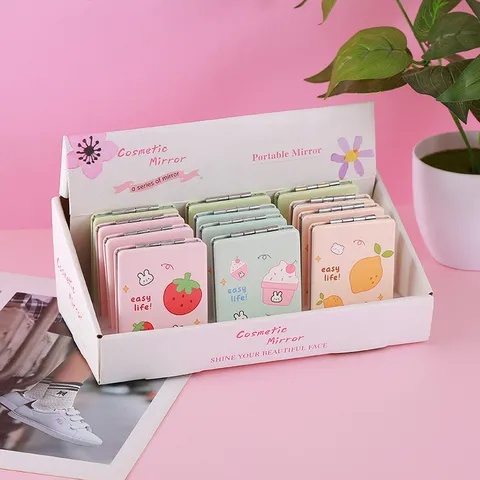 Specchio Cosmetico Pieghevole Portatile Carino Cartone Animato di Frutta in Pelle PU Doppia Faccia per Donne Ragazze