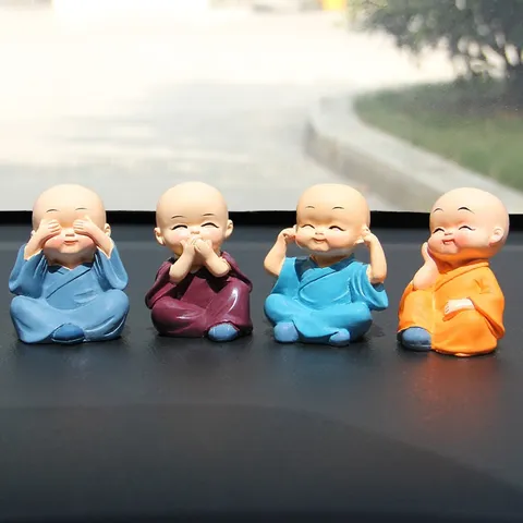 Creatieve Hars Vier Kleine Monnik Auto Ornamenten Leuke Boeddha Standbeelden Voor Auto Dashboard Thuis Kantoor Bureau Decor