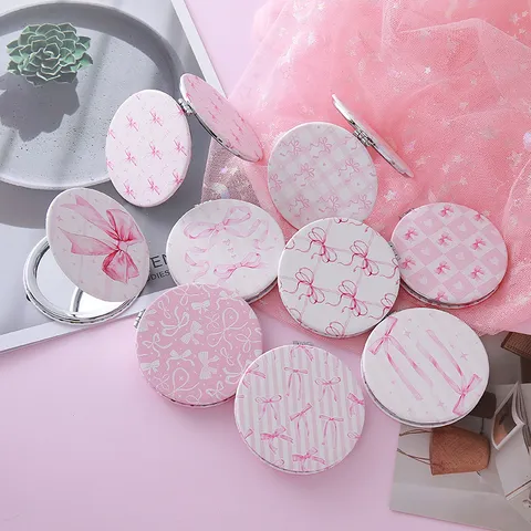 Portable Folding Makeup Mirror Mini Double Sided Pocket Cosmetic Mirror Cute Bow Kawaii Compact Mirror For Women Travel