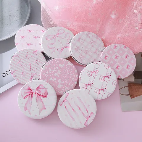 Portable Folding Makeup Mirror Mini Double Sided Pocket Cosmetic Mirror Cute Bow Kawaii Compact Mirror For Women Travel