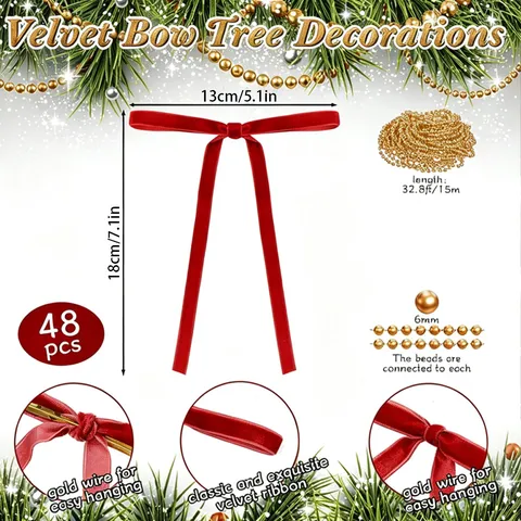 Velvet Bow Christmas Tree Pendants With Gold Pearl Chain Hanging Ornaments Festive Party Holiday Decoration Supplies