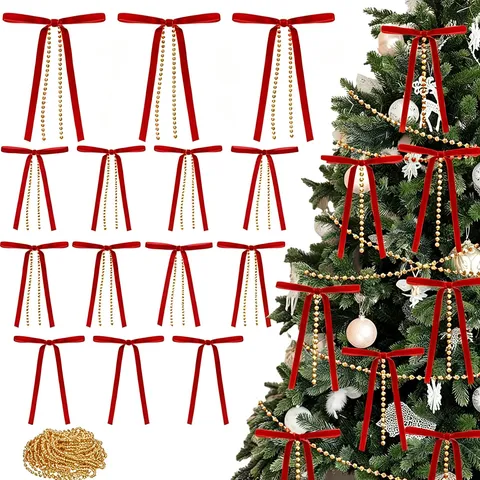 Velvet Bow Christmas Tree Pendants With Gold Pearl Chain Hanging Ornaments Festive Party Holiday Decoration Supplies