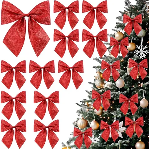 Christmas Tree Glitter Bow Hanging Ornaments Polyester Bowknot Garland Window Decor Holiday Party Supplies