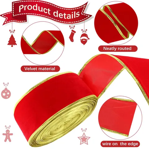 Nastro in Velluto Natalizio con Bordo in Filo d'Oro Nastro in Tessuto Rosso per Confezioni Regalo Festa Decorazione