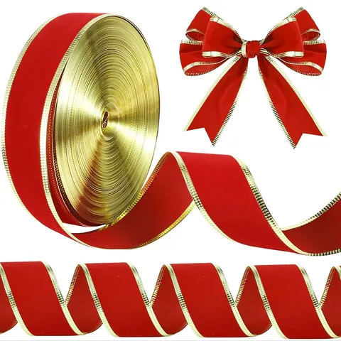 Nastro in Velluto Natalizio con Bordo in Filo d'Oro Nastro in Tessuto Rosso per Confezioni Regalo Festa Decorazione