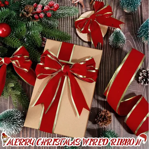 Weihnachten Drahtkante Samtband Gold Metallic Rand Rotes Band Für Geschenkverpackung Weihnachtsbaum Kranz DIY Handwerk Deko