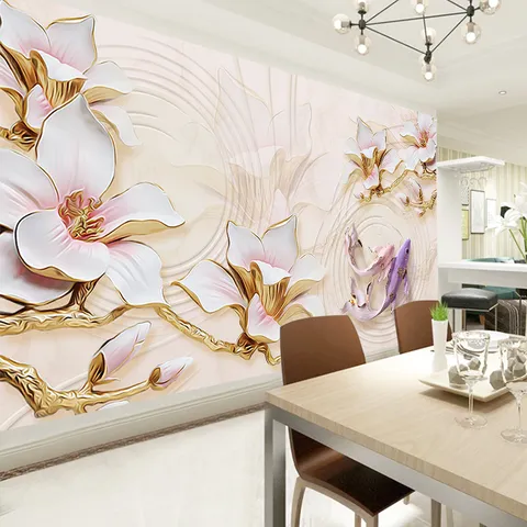 Modern Minimalist 3D Embossed PVC Wall Sticker Self-Adhesive Magnolia Flower Koi Fish Wallpaper Mural For Living Room Bedroom TV Sofa Background Decoration