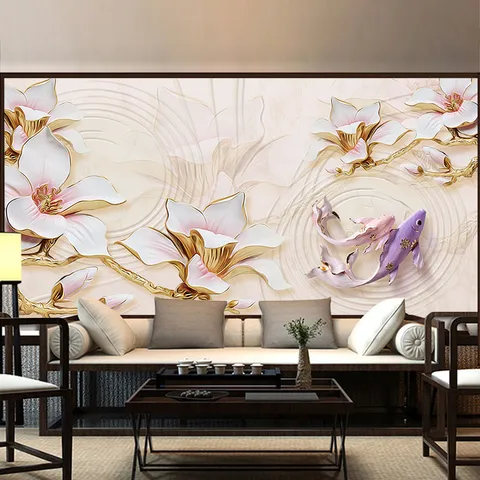 Modern Minimalist 3D Embossed PVC Wall Sticker Self-Adhesive Magnolia Flower Koi Fish Wallpaper Mural For Living Room Bedroom TV Sofa Background Decoration