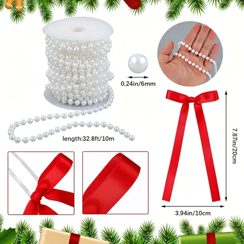 Colgantes de Árbol de Navidad con Lazo de Satén y Guirnalda de Perlas Artificiales Adornos Colgantes Decorativos Ideales para Fiestas