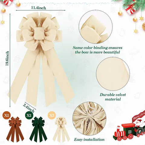 Large Christmas Tree Topper Velvet Bow Red Green Beige Bows For Home Door Fireplace Staircase Handrail Christmas Party Decor