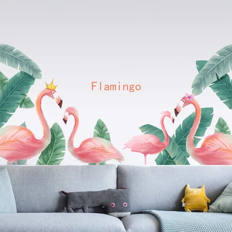 Stickers Muraux Flamant Rose Feuilles Tropicales PVC Autocollants pour Chambre à Coucher Salon Dortoir Style Nordique Ins Home Decor GS9992