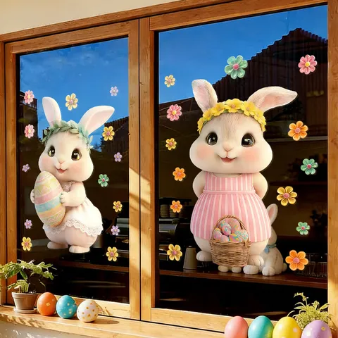 Osterhasen Fensterbilder Elektrostatische PVC Aufkleber Süßes Kaninchen Bunte Eier Blumenmuster Abnehmbare Glas Schaufensterdekoration