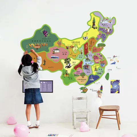 Cartoon Map Wall Sticker PVC Printed Removable Decal For Children Kids Room Nursery School Classroom Home Living Decoration