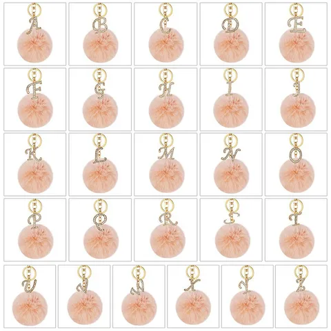 Porte-clés Pompon Lettre Strass Alliage Mode Mignon Fausse Fourrure de Lapin Pendentif de Sac Anneau de Clé de Voiture Accessoires Femmes