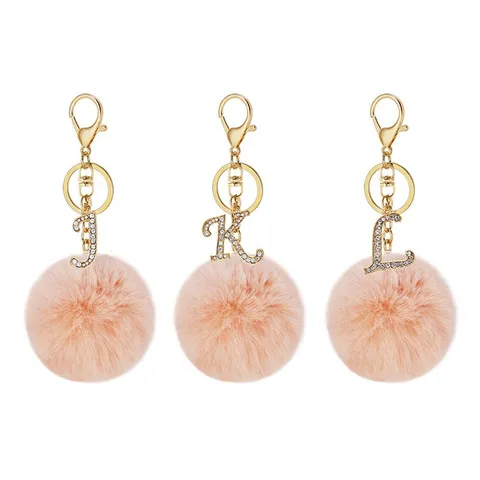 Porte-clés Pompon Lettre Strass Alliage Mode Mignon Fausse Fourrure de Lapin Pendentif de Sac Anneau de Clé de Voiture Accessoires Femmes