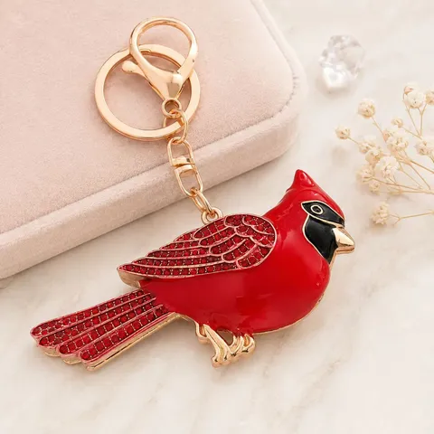 Cardinal Rhinestone Keychain Zinc Alloy Red Bird Car Key Chain Bag Pendant Creative Gift Accessory