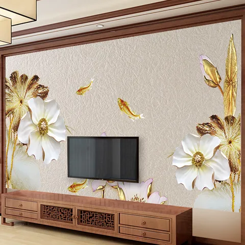 Chinesischer Stil 3D Relief Lotus Koi Wandtattoo Selbstklebend PVC Wandbild Tapete Für Wohnzimmer TV Sofa Hintergrund Dekoration